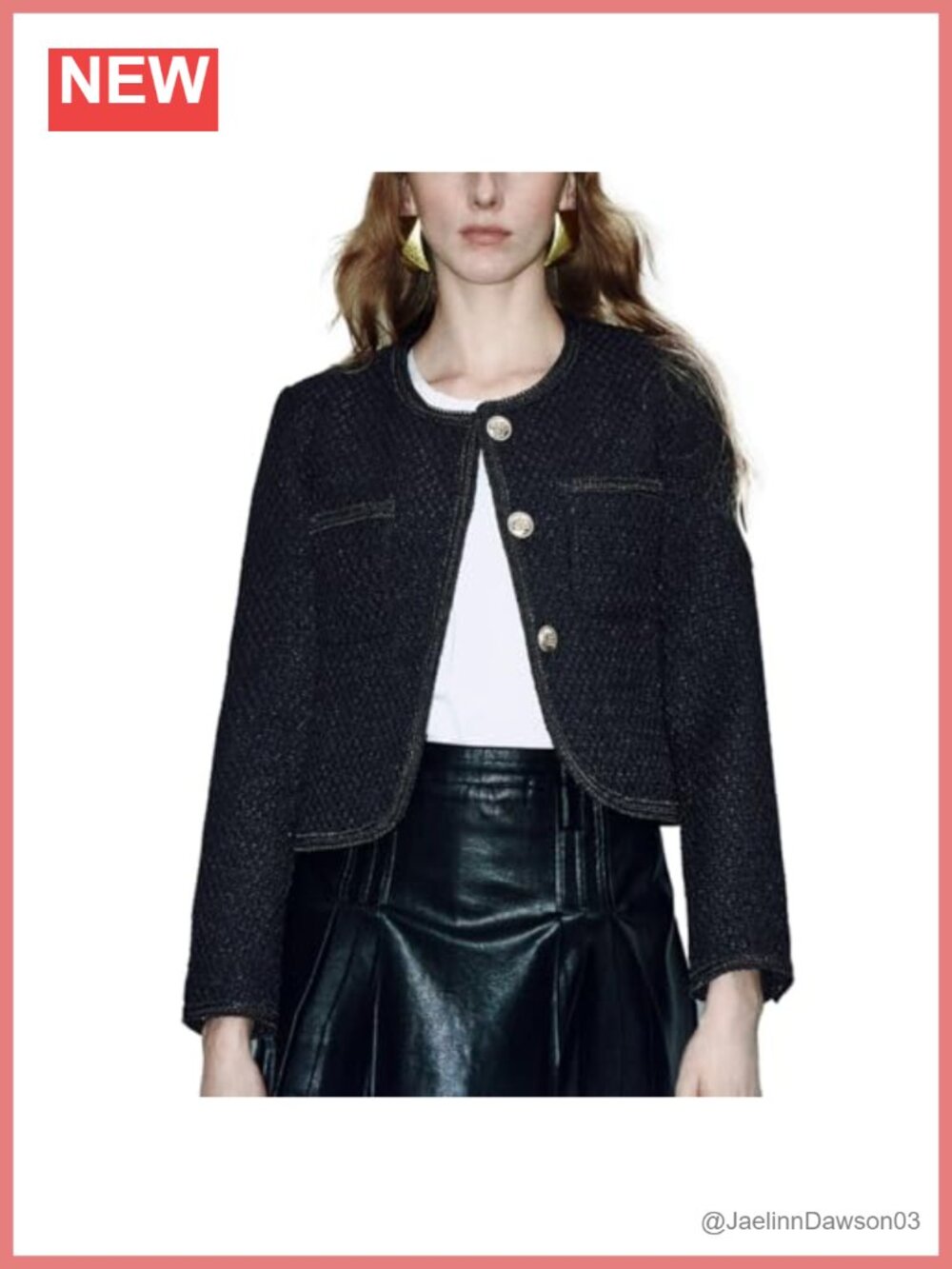 Cropped Tweed Blazer Jacket Button Down Long Sleeve Business Office